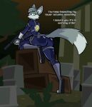2023 anthro aygee barrel blue_bodysuit blue_eyes blue_latex blue_skinsuit bodysuit boots breasts canid canine clothing dialogue english_text female footwear fox fur grey_body grey_boots grey_clothing grey_footwear grey_fur grey_hair gun hair holding_gun holding_object holding_weapon latex latex_clothing looking_at_viewer mammal medium_breasts ranged_weapon skinsuit solo tactical_gear tail talking_to_viewer text tight_clothing viksen_(character) weapon