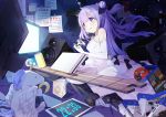  999kun :p azur_lane bangs blue_eyes can cd cd_case clock closed_mouth commentary controller digital_clock dress elbow_gloves evening_gown eyebrows_visible_through_hair game_console game_controller gloves hair_between_eyes hair_ribbon highres long_hair one_side_up playstation_4 purple_hair ribbon sitting smile soda_can solo speaker stuffed_animal stuffed_toy stuffed_unicorn television tongue tongue_out unicorn_(azur_lane) wariza white_dress white_gloves 