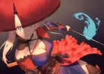  1girl black_background black_thighhighs blue_eyes blue_fire blue_kimono breasts cleavage commentary english_commentary fate/grand_order fate_(series) fire gradient_background holding holding_sword holding_weapon japanese_clothes kibou kimono large_breasts leaf_print leaning_back long_hair looking_at_viewer maple_leaf_print miyamoto_musashi_(fate) pink_hair red_headwear sandogasa sheath signature smile solo sword thighhighs upper_body weapon 