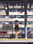  1girl bicycle black_hair blue_skirt blurry blurry_background building bysau cellphone chair commentary earphones english_commentary highres holding holding_phone instrument_case original outdoors phone ponytail railing shirt short_hair short_sleeves skirt smartphone solo standing sunlight train_station train_station_platform visor_cap white_shirt 