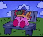  bad_id bad_tumblr_id bench closed_eyes clutter_needle_kirby drooling grass highres kirby kirby_(series) kirby_and_the_forgotten_land needle_kirby open_mouth sleeping twitter_username 