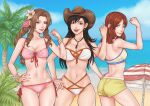  3girls aerith_gainsborough ass ass_peek ass_visible_through_thighs beach bikini black_hair blue_sky breasts brown_eyes brown_hair cissnei cleavage closed_mouth cloud cloudy_sky cowboy_hat crylin6 earrings final_fantasy final_fantasy_vii final_fantasy_vii_rebirth final_fantasy_vii_remake hat highres jewelry large_breasts long_hair looking_at_viewer medium_breasts midriff multiple_girls navel ocean open_mouth palm_tree parasol red_eyes red_hair shorts side-tie_bikini_bottom single_earring sky small_breasts smile stomach swimsuit tank_top tankini thighs tifa_lockhart tree umbrella yellow_eyes 