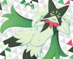 ambiguous_gender anthro biped fur generation_9_pokemon green_body green_fur hi_res looking_at_viewer meowscarada navel nintendo open_mouth pokemon pokemon_(species) pupils red_eyes simple_background slit_pupils snackbunnii solo
