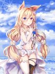  animal_ears asymmetrical_legwear babydoll bare_arms bare_shoulders black_legwear blonde_hair blue_eyes blue_flower blue_rose blue_sky blush breasts cat_ears cloud collarbone commentary day flower g41_(girls_frontline) girls_frontline hair_ornament hand_up heterochromia highres horizon long_hair looking_at_viewer low-tied_long_hair medium_breasts miniskirt mutang ocean outdoors parted_lips pleated_skirt red_eyes rose single_thighhigh skirt sky solo standing thighhighs very_long_hair water white_babydoll white_skirt 