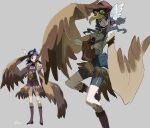  1girl bag bare_shoulders bird_legs bird_tail black_hair brown_feathers brown_wings commentary_request feathers goggles goggles_on_head grey_background harpy long_hair monster_girl multiple_views original purple_eyes satchel scroll seimannu sidelocks simple_background tail talons winged_arms winged_hat wings 