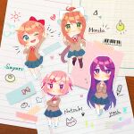 4girls black_thighhighs blue_skirt blush bow brown_hair character_name chibi closed_mouth crossed_arms doki_doki_literature_club egg eyelashes grey_jacket hair_between_eyes hair_bow hair_ornament hairclip hand_on_own_hip heart index_finger_raised instrument jacket keyboard_(instrument) light_bulb long_hair monika_(doki_doki_literature_club) multiple_girls natsuki_(doki_doki_literature_club) orange_sweater own_hands_clasped own_hands_together pink_hair purple_hair red_bow red_ribbon ribbon sayori_(doki_doki_literature_club) shifumame short_twintails skirt smile socks sweater thighhighs twintails very_long_hair waving white_bow white_socks yellow_eyes yuri_(doki_doki_literature_club) 