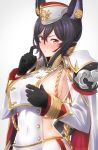  aiguillette animal_ears areola_slip areolae bangs black_gloves black_hair blush breasts buttons cape closed_mouth commentary_request covered_navel ear_piercing erune futami_(mg42fw190d) garrison_cap gloves granblue_fantasy hair_between_eyes hand_on_own_chest hat highres hips ilsa_(granblue_fantasy) index_finger_raised large_breasts looking_at_viewer military military_uniform pauldrons piercing red_eyes sideboob simple_background solo sweatdrop tabard uniform white_background white_hat 