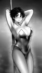  1girl absurdres armpits arms_behind_head arms_up blush borrowed_design breasts dead_by_daylight fake_tail genderswap genderswap_(mtf) greyscale hg_kyle highres jake_park large_breasts monochrome nervous nervous_sweating pantyhose rabbit_tail short_hair solo strapless stripper_pole sweat tail 