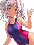  1girl blue_one-piece_swimsuit comandante_cappellini_(kancolle) competition_swimsuit covered_navel cowboy_shot dark-skinned_female dark_skin dated green_eyes highres kantai_collection long_hair looking_at_viewer montemasa multicolored_clothes multicolored_hair multicolored_swimsuit navel one-piece_swimsuit pink_hair pink_one-piece_swimsuit smile solo streaked_hair swimsuit twintails twitter_username two-tone_swimsuit 