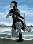  2018 anthro canine clothed clothing day detailed_background dog female fin gun holding_object holding_weapon mammal outside ranged_weapon thetarget traditional_media_(artwork) weapon 