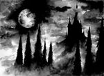  absurdres black_metal castle cloud cloudy_sky commentary english_commentary fog forest full_moon greyscale heavy_metal highres hill monochrome moon nature night night_sky no_humans original outdoors pine_tree priestofterror scenery silhouette sky tree 