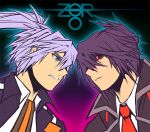  2boys beatmania_iidx black_coat black_hair black_sclera blue_eyes brothers clenched_teeth coat collared_shirt colored_sclera commentary_request dark_persona ereki_(beatmania) hair_between_eyes high_ponytail long_bangs long_hair looking_at_another male_focus maoh_(aburaage0528) multiple_boys necktie red_eyes red_necktie shilow shirt short_hair siblings teeth upper_body white_shirt 