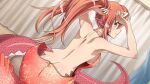  1girl artist_request back bare_shoulders blush breasts dress dressing game_cg hair_between_eyes hair_ornament hairclip lamia large_breasts long_hair looking_at_viewer miia_(monster_musume) monster_girl monster_musume_no_iru_nichijou monster_musume_no_iru_nichijou_online official_alternate_costume official_art pointy_ears ponytail red_dress red_hair red_scales scales solo yellow_eyes 