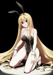  1girl absurdly_long_hair alternate_costume alternate_hair_length alternate_hairstyle animal_ears arihara_nanami armpit_crease ass_visible_through_thighs bare_legs bare_shoulders black_background black_footwear black_leotard blonde_hair breasts chinese_commentary cleavage closed_mouth collarbone commentary curvy eyelashes fake_animal_ears full_body groin hair_between_eyes hair_down hands_on_own_thighs highleg highleg_leotard highres kneeling large_breasts leotard long_hair looking_at_viewer playboy_bunny qumai79 rabbit_ears red_eyes riddle_joker simple_background smile solo straight_hair strapless strapless_leotard thighs tiptoes very_long_hair white_wrist_cuffs 