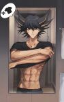  1boy abs alternate_costume bathroom black_hair black_pants black_shirt blue_eyes clothes_lift collarbone facial_mark facial_tattoo fudou_yuusei highres indoors looking_at_mirror looking_at_viewer male_focus mirror multicolored_hair muscular muscular_male naoki_(2rzmcaizerails6) pants parted_lips shirt solo speech_bubble spiked_hair streaked_hair sweatdrop t-shirt tattoo towel undressing upper_body x yu-gi-oh! yu-gi-oh!_5d&#039;s 