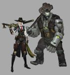  absurdres artist_request ashe_(overwatch) belt_buckle black_hat black_nails bob_(overwatch) boots bowler_hat buckle cowboy_hat cross-laced_footwear expressionless facial_hair fingerless_gloves friendly_mutton_chops full_body fur_trim gloves gun hat hat_over_one_eye highres knee_boots lace-up_boots lever_action lipstick looking_at_viewer makeup mole mole_above_mouth mustache nail_polish official_art omnic over_shoulder overwatch red_eyes red_lipstick rifle road_sign robot sign simple_background standing tattoo unzipped weapon weapon_over_shoulder white_hair 