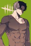  1boy abs black_eyes black_hair collarbone commentary_request dead_by_daylight frown green_background highres jake_park korean_commentary male_focus muscular muscular_male navel nude pectorals serious shade solo tongchock twitter_username upper_body 