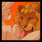 1:1 animated anthro anthro_on_feral bestiality digital_media_(artwork) duo endymion_(endymionwr) erection eyebrows felid feral genitals glans humanoid_genitalia humanoid_penis interspecies lagomorph leporid licking lion low_res male male/male mammal mane misterkittens open_mouth open_smile oral pantherine penile penis penis_lick pixel_(artwork) pixel_animation rabbit sex size_difference smile tongue tongue_out