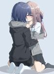  2girls ahoge arm_around_neck black_hoodie black_shorts black_skirt black_socks blue-framed_eyewear blue_hair blue_ribbon blush braid brown_hair cardigan chinese_commentary closed_eyes collared_shirt commentary_request crm grey_cardigan hair_ribbon half_updo highres hood hoodie hug kiss kneehighs long_hair long_sleeves looking_at_another mixed-language_commentary miyagi_shiori multiple_girls no_shoes outline partial_commentary pleated_skirt red_eyes ribbon school_uniform sendai_hazuki shadow shirt short_hair shorts shuuniichido_classmate_wo_kau_hanashi simple_background skirt socks straddling sweatdrop white_outline white_shirt white_socks yuri 