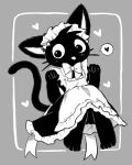 &lt;3 2023 4_toes anthro apron barefoot big_eyes biped black_body black_clothing black_dress black_ears black_eyes black_fur black_tail blep bow_(feature) bow_accessory bow_ribbon clothed clothing digital_media_(artwork) domestic_cat dress feet felid feline felis female female_anthro front_view full-length_portrait fully_clothed fur grey_background greyscale hearts_around_body hearts_around_head hi_res kemono long_tail looking_at_viewer maid_apron maid_cat_(non_nya_nya) maid_headdress maid_uniform mammal monochrome monotone_body monotone_fur monotone_tail multicolored_ears neck_bow non_nya_nya one_ear_up paw_pose portrait pose shaded simple_background sitting solo speech_bubble tail toes tongue tongue_out two_tone_ears uniform whiskers white_apron white_bow white_inner_ear white_ribbon white_tongue