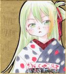  1girl alina_gray alternate_costume blonde_hair brown_background closed_mouth green_eyes green_hair hair_between_eyes hair_ribbon japanese_clothes kimono kinoji long_hair looking_at_viewer magia_record:_mahou_shoujo_madoka_magica_gaiden mahou_shoujo_madoka_magica multicolored_hair old_dorothy print_kimono red_ribbon ribbon shikishi solo streaked_hair traditional_media upper_body 