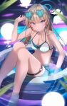  1girl absurdres aqua_bikini bare_arms bare_legs bare_shoulders bikini blonde_hair blue-tinted_eyewear blue_archive blue_eyes blue_halo blush braid breasts closed_mouth collarbone halo heart heart-shaped_eyewear highres innertube long_hair medium_breasts navel partially_submerged pool solo sunglasses swimsuit thigh_strap tinted_eyewear toki_(blue_archive) water yzk_knmn 