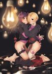  2girls anal anal_beads anal_object_insertion anal_tail ass bandaged_leg bandages barefoot black_hoodie black_shirt black_skirt blonde_hair blurry blurry_foreground blush brown_eyes casino_(casinoep) clothes_pull crossed_ankles demon_tail depth_of_field dorsiflexion eyepatch fake_tail feet fingernails hair_over_one_eye hand_on_another&#039;s_cheek hand_on_another&#039;s_face hand_up hayasaka_mirei highres holding hood hood_down hoodie horns idolmaster idolmaster_cinderella_girls kneeling layered_sleeves light_bulb long_sleeves looking_at_viewer looking_to_the_side multicolored_hair multiple_girls nail_polish object_insertion parted_lips plaid plaid_skirt pleated_skirt purple_hair purple_nails pussy_juice red_hair red_skirt remote_control_vibrator saliva saliva_trail sex_toy shirasaka_koume shirt short_over_long_sleeves short_sleeves skirt skirt_pull sleeves_past_fingers sleeves_past_wrists soles streaked_hair tail toes tongue tongue_out vibrator yuri 
