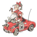  1girl artist_name bandana_around_neck bow bra_strap braid braided_ponytail bulma car dragon_ball dragon_ball_(classic) dragon_radar dress egeadiana fanny_pack gloves grey_eyes grey_hair gun hair_bow hand_on_own_hip high_ponytail highres holding license_plate looking_at_object loose_hair_strand machine_gun magazine_(weapon) motor_vehicle pink_dress radio_antenna raised_eyebrow rear-view_mirror red_bow single_glove skirt solo watch weapon white_background windshield wristwatch 