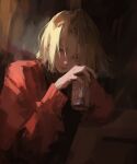  1boy 96yottea absurdres black_shirt blonde_hair brown_eyes closed_mouth drink expressionless gradient_background haikyuu!! highres holding holding_drink jacket kozume_kenma looking_at_viewer male_focus medium_hair red_jacket shirt simple_background solo 