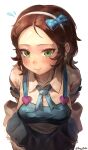  1girl absurdres amug5050 arms_behind_back back_bow blue_bow blue_dress blue_ribbon bow breasts brown_hair closed_mouth collarbone collared_shirt commission dorothy_(maplestory) dress earrings flying_sweatdrops from_above green_eyes hairband heart highres jewelry korean_commentary looking_at_viewer maplestory medium_breasts neck_ribbon pinafore_dress polka_dot polka_dot_bow puffy_short_sleeves puffy_sleeves ribbon sash shirt short_hair short_sleeves simple_background sleeveless sleeveless_dress smile solo twitter_username white_background white_bow white_hairband white_sash white_shirt 