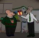 2023 absurd_res anthro black_nose blush bottomwear brown_body christmas christmas_tree clothing detailed_background duo eyes_closed hi_res holidays male mammal murid murine necktie overweight overweight_male pants plant rat rodent roobes shirt sweater topwear tree
