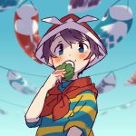  1boy black_hair blue_eyes blue_sky blurry blurry_background blush eating food hand_up holding holding_food kashiwa_mochi_(food) kodomo_no_hi koinobori looking_at_viewer male_focus mother_(game) mother_1 neckerchief ninten paper_hat paper_kabuto red_neckerchief shifumame shirt short_hair short_sleeves sky solo striped striped_shirt upper_body windsock 