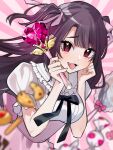  1girl black_hair black_ribbon blurry blush candy commentary_request depth_of_field fang floating_hair food hair_ribbon hands_up heart heart_in_eye highres holding holding_wand long_hair looking_at_viewer neck_ribbon open_mouth original pink_ribbon puffy_short_sleeves puffy_sleeves purple_eyes ribbon riseno short_sleeves sidelocks solo symbol_in_eye two_side_up upper_body wand 
