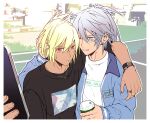  2boys beatmania_iidx black_shirt blonde_hair blue_eyes blue_jacket border brothers commentary_request cup dark-skinned_male dark_skin disposable_cup earrings ereki_(beatmania) folded_ponytail grey_hair grin hair_between_eyes holding holding_cup jacket jewelry long_bangs looking_at_viewer male_focus maoh_(aburaage0528) multiple_boys necklace one_eye_closed open_clothes open_jacket outline print_shirt red_eyes ring selfie shilow shirt short_hair siblings smile stud_earrings t-shirt upper_body watch white_border white_outline white_shirt wristwatch 