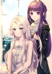  2girls absurdres bare_shoulders black_robe brushing_another&#039;s_hair brushing_hair closed_mouth collarbone comb dress earrings elf fern_(sousou_no_frieren) forehead frieren green_eyes grey_hair highres indoors jewelry long_hair multiple_girls parted_bangs pointy_ears purple_eyes purple_hair robe sitting sleeveless sleeveless_dress smile sousou_no_frieren sparkle standing tactoki thick_eyebrows very_long_hair white_dress window 