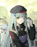  1girl absurdres beret black_headwear black_jacket blue_hair blunt_bangs chinese_commentary closed_mouth commentary_request crm cross_hair_ornament girls&#039;_frontline gloves green_eyes grey_gloves hair_ornament hat highres hk416_(girls&#039;_frontline) jacket long_hair long_sleeves one_eye_closed shell_casing sidelocks solo teardrop_facial_mark uniform upper_body 