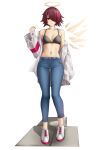  1girl absurdres arknights bare_shoulders bra casperrin collarbone commentary denim exusiai_(arknights) full_body grey_bra hair_over_one_eye halo hand_up highres jacket jeans long_sleeves looking_at_viewer navel off_shoulder pants red_eyes red_hair shadow shoes short_hair simple_background smile sneakers solo standing stomach thighs underwear white_background white_footwear white_jacket 