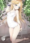  abigail_williams_(fate/grand_order) bangs bare_arms bare_legs bare_shoulders barefoot blonde_hair blue_eyes blush closed_mouth collarbone commentary_request fate/grand_order fate_(series) forehead head_tilt long_hair looking_at_viewer old_school_swimsuit one-piece_swimsuit parted_bangs polka_dot polka_dot_scrunchie purple_scrunchie school_swimsuit scrunchie shower_head soles solo swimsuit twitter_username tyone very_long_hair white_swimsuit wrist_scrunchie 