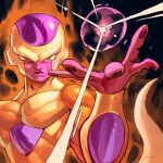  1boy alien aura bald black_background black_lips black_nails closed_mouth collarbone colored_skin dragon_ball dragon_ball_super energy_ball frieza furrowed_brow garrett_hanna gold_skin golden_frieza hand_up incoming_attack looking_at_viewer male_focus multicolored_skin no_eyebrows pectorals purple_skin red_eyes solo tail upper_body 
