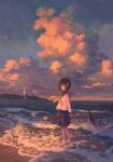  1girl :o barefoot beach bird blue_sailor_collar blue_skirt brown_eyes brown_hair cloud commentary cumulonimbus_cloud feel_(nasitaki) floating_hair hair_ribbon highres horizon lighthouse long_sleeves neckerchief ocean original parted_lips pleated_skirt ribbon sailor_collar scenery school_uniform seagull serafuku shirt short_hair skirt solo standing wading waves white_shirt yellow_neckerchief yellow_ribbon 