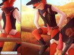  animal_genitalia anus balls boots canine clothed clothing colrblnd_(artist) cowboy disney duzt_(artist) footwear fox gun male mammal nick_wilde penis presenting raised_tail ranged_weapon rdr2 red_dead_redemption sheath smoking weapon zootopia 