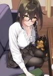  1boy 1girl 92m animal black-framed_eyewear black_skirt breasts commentary_request couch dog glasses highres indoors kakita_(92m) long_sleeves looking_at_viewer medium_breasts on_couch original pleated_skirt pov shirt sitting skirt white_shirt yellow_eyes 
