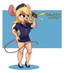  2018 anthro blonde_hair blue_eyes buckteeth clothed clothing female footwear hair hat mammal mouse open_mouth rodent simple_background siroc solo teeth text tongue walkie_talkie 
