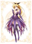  1girl black_hairband blonde_hair blush boots breasts card_(medium) cleavage closed_mouth collarbone cosplay detached_collar detached_sleeves dress fate_testarossa floating_hair full_body hairband high_ponytail highres large_breasts long_hair long_sleeves looking_at_viewer lyrical_nanoha mahou_shoujo_lyrical_nanoha maxima_sakuya_enfield maxima_sakuya_enfield_(cosplay) oshimaru026 parted_bangs purple_dress purple_footwear purple_sleeves red_eyes revealing_clothes shining_(series) smile solo very_long_hair voice_actor_connection 