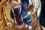 anthro blue_eyes bodily_fluids ceffyl_dwr claws dappled_fur dazed dream_merchant drooling duo equid equine fangs fur gemini_(dream_merchant) hybrid imminent_vore macro male mammal mule open_mouth orange_body orange_fur questionable_consent red_eyes saliva skugga_(skuggamul) soul_vore tail tan_tail teeth tongue tongue_out vore