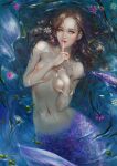  1girl absurdres breasts brown_hair completely_nude covering_breasts covering_privates finger_to_mouth flower forehead highres leaf lips mermaid monster_girl navel nude orange_eyes original partially_submerged peiyu_zhou pink_flower solo water white_flower 