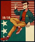  1boy belt black_belt blue_jacket brown_pants dated grin highres invisible_chair jacket long_sideburns male_focus mother_(game) mother_1 pants pompadour red-tinted_eyewear red_footwear red_shirt shifumame shirt sideburns sideburns_stubble sitting smile solo teddy_(mother) tinted_eyewear 