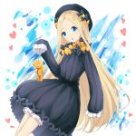  abigail_williams_(fate/grand_order) bangs black_bow black_dress black_hat blonde_hair bloomers blue_eyes bow bug butterfly commentary dress eyebrows_visible_through_hair fate/grand_order fate_(series) forehead hair_bow hand_up hat holding insect long_hair long_sleeves orange_bow parted_bangs parted_lips polka_dot polka_dot_bow rocm_(nkkf3785) sleeves_past_fingers sleeves_past_wrists solo stuffed_animal stuffed_toy teddy_bear underwear very_long_hair white_bloomers 