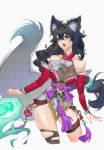  1girl :o absurdres ahri_(league_of_legends) animal_ears bare_shoulders black_hair bow bowtie breasts cropped_legs detached_sleeves fox_ears fox_girl fox_tail grey_bow grey_bowtie groin highres large_breasts league_of_legends long_hair long_sleeves odanju orange_eyes shiny_skin solo tail teeth upper_teeth_only 