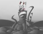 anthro azzybunn balls black_slime bound corruption encasement felid feline fur genitals goo_covered goo_transformation grey_body grey_fur half-closed_eyes hi_res horn kneeling looking_pleasured looking_up male mammal narrowed_eyes penis slime solo tail tentacles transformation